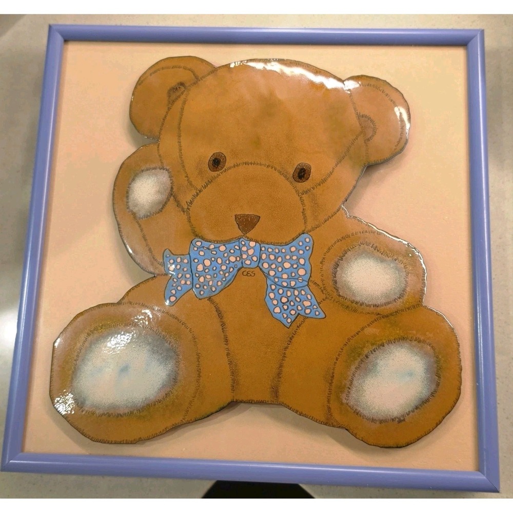 VTG Enamel Teddy Bear Art Plaque Signed Professionally Framed Cottagecore Decor